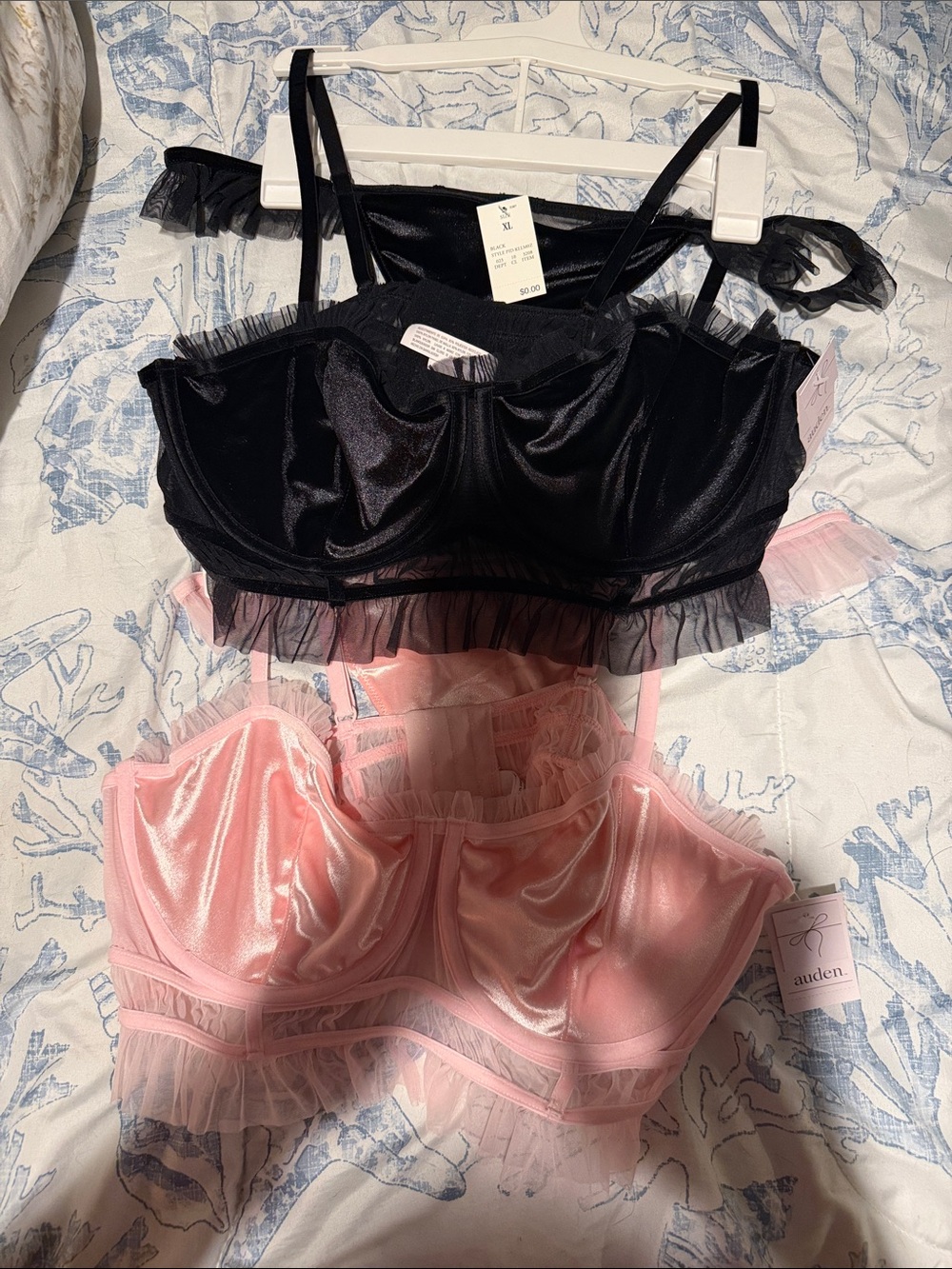 Auden Satin Ruffle Bralettes in Black and Pink